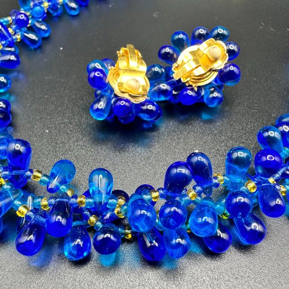Vintage CZECH element blue teardrop glass beads clips on earrings and necklace - Picture 14 of 16